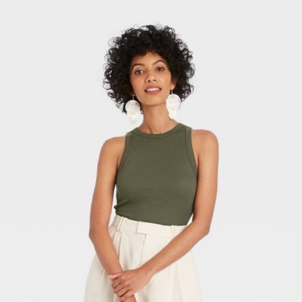 BNWT a new day Olive Green High Neck Ribbed Tank Top - Picture 3 of 6